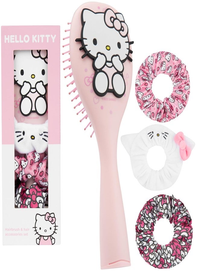 Hello Kitty Sanrio Hair Brush & Scrunchies Set for Girls, Teens, Women, Kuromi, Cinnamoroll Cute Stuff, Detangler Brush, Kawaii Gifts for Her (Hello Kitty Brush & Scrunchies) - Image 1